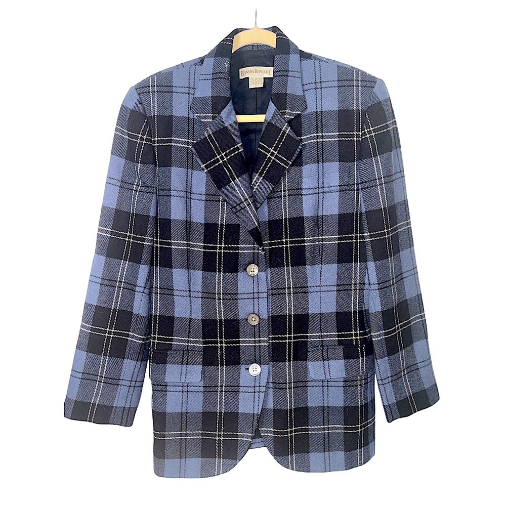 Vintage Banana Republic Wool Blue Black Plaid Blazer‎ Womens 8